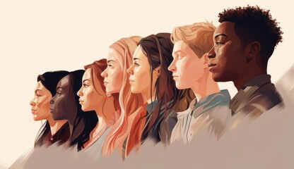 Side profile of a diverse group of people. Generative AI