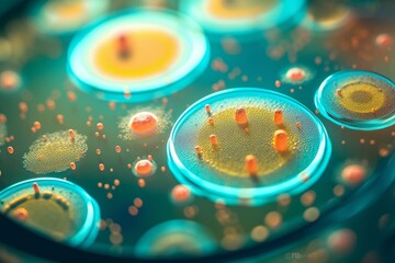 Macro close up shot of bacteria and virus cells in a scientific laboratory petri dish. Generative AI