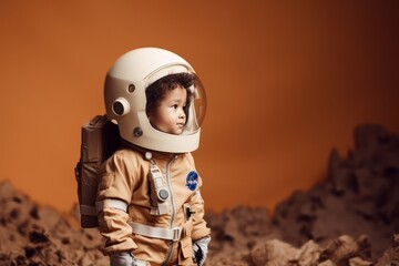 A child playing with a cardboard toy astronaut costume. Childhood ambition concept. Generative AI
