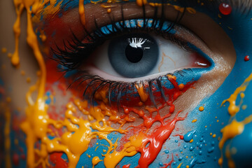 Woman's face painted with blue and orange paint.