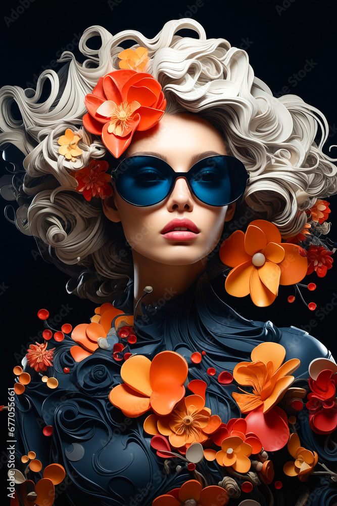 Canvas Prints Woman with sunglasses and flowers on her head and black background.