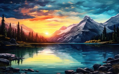 Fototapeta na wymiar A Serene Reflection: Mountain Lake Glows with Sunset Colors