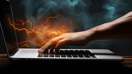 hands on laptop, electrical rays background, fast technology 
