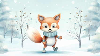 Obraz premium Xmas greeting card with cute little fox . Winter holidays concept. Watercolor illustration.