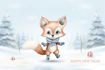 Xmas greeting card with cute little fox . Winter holidays concept. Watercolor illustration.