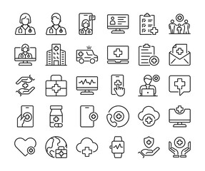 Digital healthcare and telemedicine icons isolated on white background flat vector illustration.