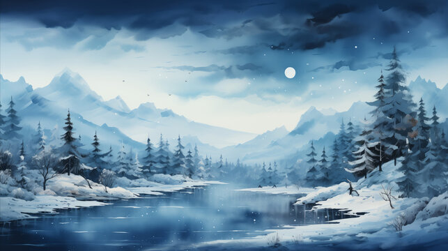 An abstract watercolor background of a serene winter scene, with soft washes of color suggesting snow-covered landscapes and pine trees, blending traditional holiday motifs with artistic expression
