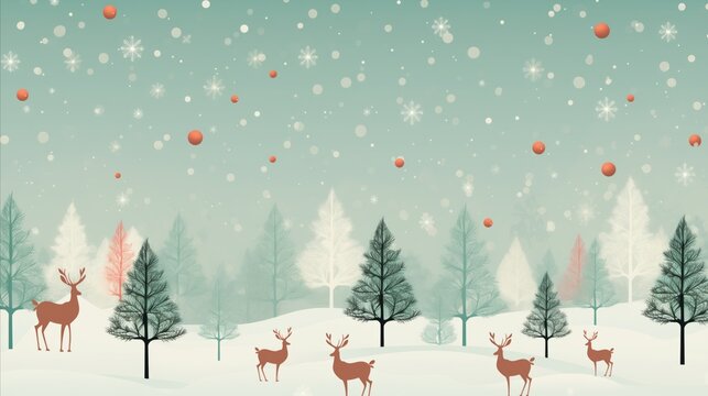 graphic background of retro-inspired holiday patterns, with stylized reindeer, snowflakes, and Christmas trees in a vintage color palette