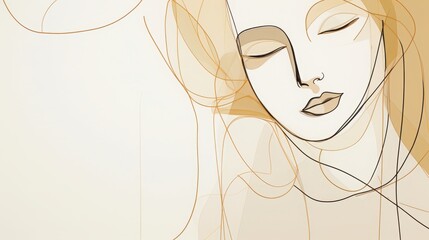 modern minimalist line art, single line art in gold and pastel colors, woman, copy space, 16:9