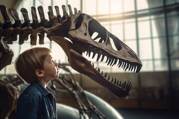 Child dino skeleton museum historical. Hunter extinct natural science. Generate Ai