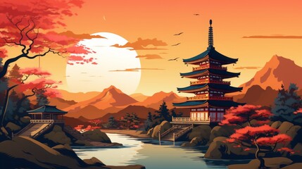 ancient japanese pagoda, ukiyo e style, copy space - obrazy, fototapety, plakaty
