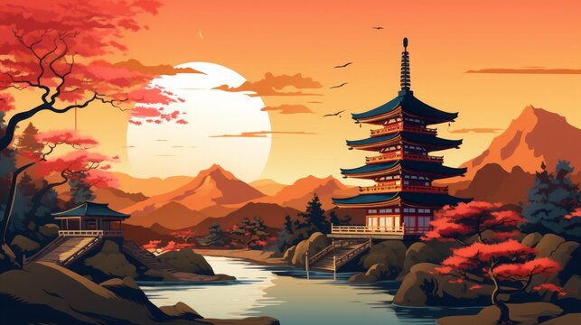 Ancient Japanese Pagoda, Ukiyo E Style, Copy Space