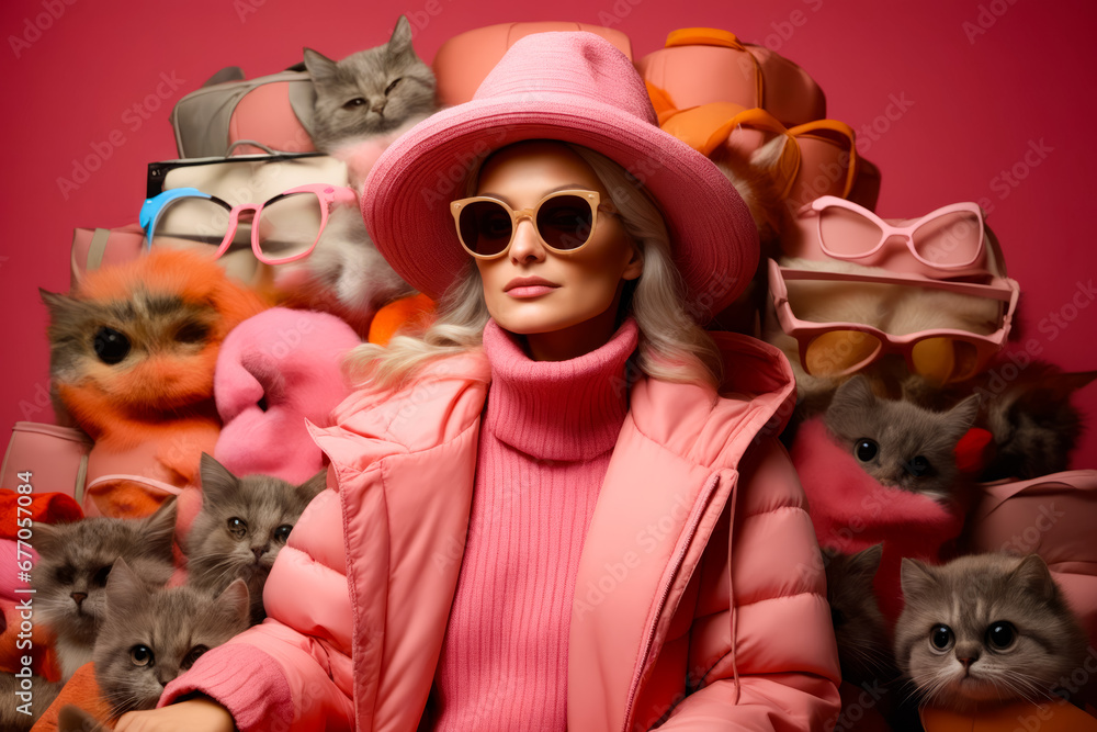 Poster Woman in pink coat and hat surrounded by cats.