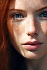 Close up of woman with freckles on her face.