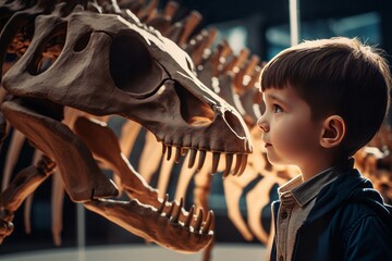 Child look at dino skeleton museum. Inquiry historical structure science. Generate Ai