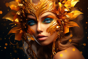 Woman with golden mask and blue eyes is shown.
