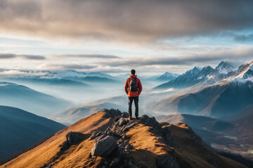 Tourist on the top of a mountain admires the opening mountain landscape.