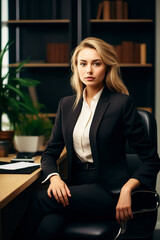 Woman in suit sitting at desk in office.