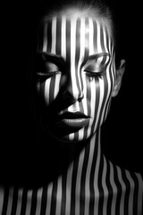 Woman with black and white stripes on her face.
