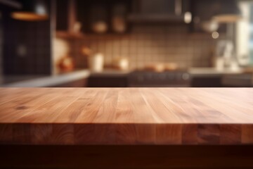 Fototapeta na wymiar A modern kitchen with empty wooden table top, on a blurred background. Shallow depth of field, selective focus, mockup for montage your text or product, copy space