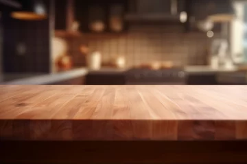 Fotobehang A modern kitchen with empty wooden table top,  on a blurred background. Shallow depth of field, selective focus, mockup for montage your text or product, copy space © Mikhail