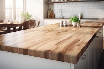 A modern kitchen with empty wooden table top,  on a blurred background. Shallow depth of field, selective focus, mockup for montage your text or product, copy space