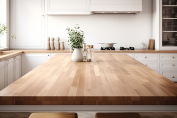 A modern kitchen with empty wooden table top,  on a blurred background. Shallow depth of field, selective focus, mockup for montage your text or product, copy space