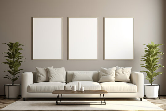 A minimalist living room with white sofa, houseplants in pots and three large white empty frame on the wall. Mockup