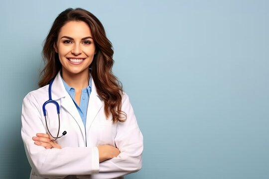 A portrait of young happy pretty smiling healthcare professional woman, happy confident positive standing against the backdrop of a solid light blue background, arms crossed. Copy space