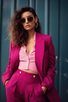 A Stylish Woman in a Vibrant Pink Suit and Trendy Sunglasses