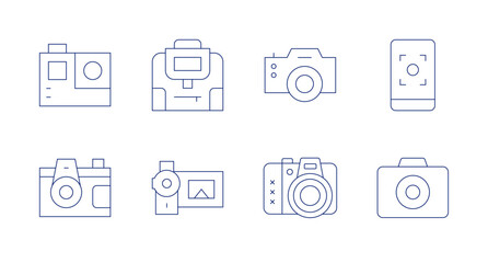 Camera icons. Editable stroke. Containing camera bag, video camera, mobile phone, photo camera, gopro, camera.