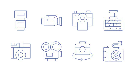 Camera icons. Editable stroke. Containing camera flash, video camera, dash cam, camera, instant camera, rotate camera.