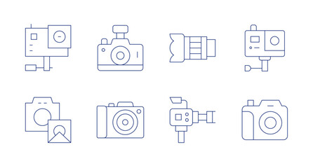 Camera icons. Editable stroke. Containing camera lens, video camera, gopro, photo camera, action camera.