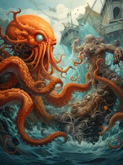 Obraz premium Octopus vs Ship: The Epic Battle of the Deep Sea