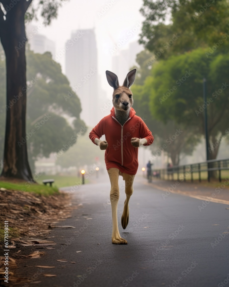 Poster a kangaroo is running down a road. generative ai.