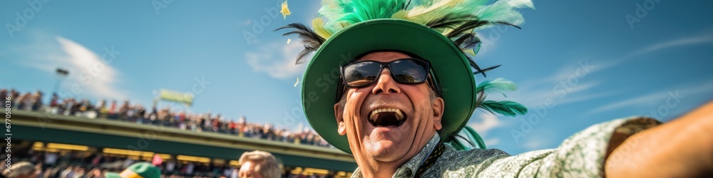 Poster An elderly man wearing a green hat and sunglasses. Generative AI.