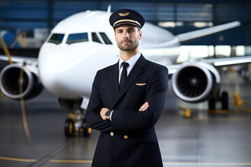 portrait of young pilot in front of airplane, AI generated