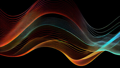 Wave lines trails flowing dynamic in diverse colors isolated on black background. Abstract futuristic background, science, digital and communication concept. Created with Generative AI technology