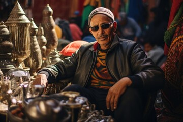 Obraz premium A man sitting in a chair in a market. Generative AI.