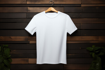 white t-shirt on wooden background, AI generated