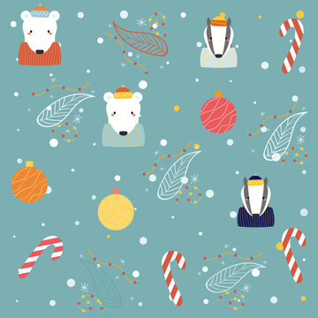 seamless pattern with polar bear, badger, vector background
