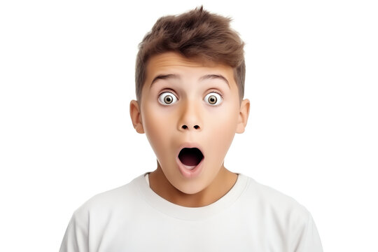 portrait of surprised tennager on white background, AI generated