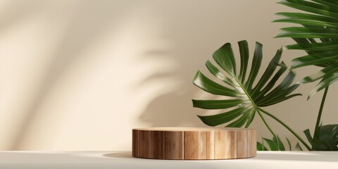Natural log wood podium table, green tropical palm tree in sunlight, leaf shadow on beige wall for organic cosmetic, skincare, beauty treatment product display background, Generative AI