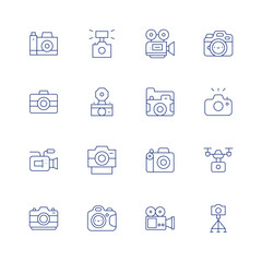 Camera line icon set on transparent background with editable stroke. Containing photo camera, video camera, camera flash, camera, camera drone.