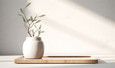 Modern, minimal square wooden podium tray on glossy white table counter, vase of tree twig, leaf shadow on wall background for luxury beauty, cosmetic, organic, nature, fashion, Generative AI - obrazy, fototapety, plakaty