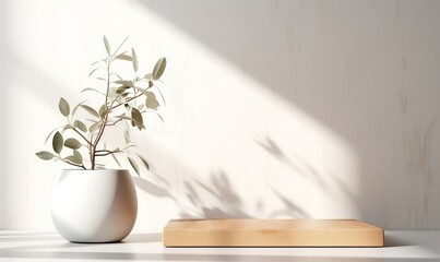 Modern, minimal square wooden podium tray on glossy white table counter, vase of tree twig, leaf shadow on wall background for luxury beauty, cosmetic, organic, nature, fashion, Generative AI - obrazy, fototapety, plakaty