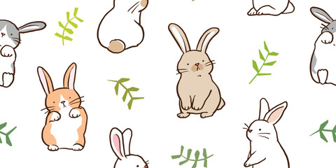 Fototapeta premium Seamless Pattern of Cartoon Rabbit and Leaf Design on White Background