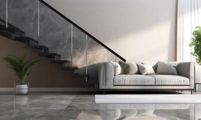 Luxury, modern gray marble stone stair, staircase tempered glass panel, black steel handrail in beige wall living room with sofa in sunlight from window on granite floor. Interior, Generative AI - obrazy, fototapety, plakaty
