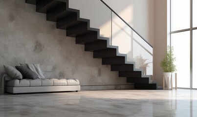 Luxury, modern gray marble stone stair, staircase tempered glass panel, black steel handrail in beige wall living room with sofa in sunlight from window on granite floor. Interior, Generative AI