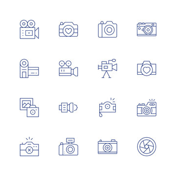 Camera line icon set on transparent background with editable stroke. Containing photo camera, camera, video camera, camera shutter, videocamera, camcorder, photography.